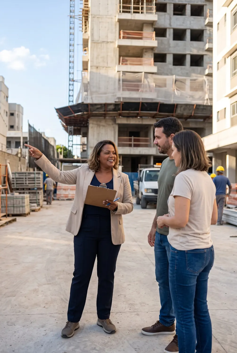 Priscila Felix acompanhando clientes em visita a empreendimento imobiliário