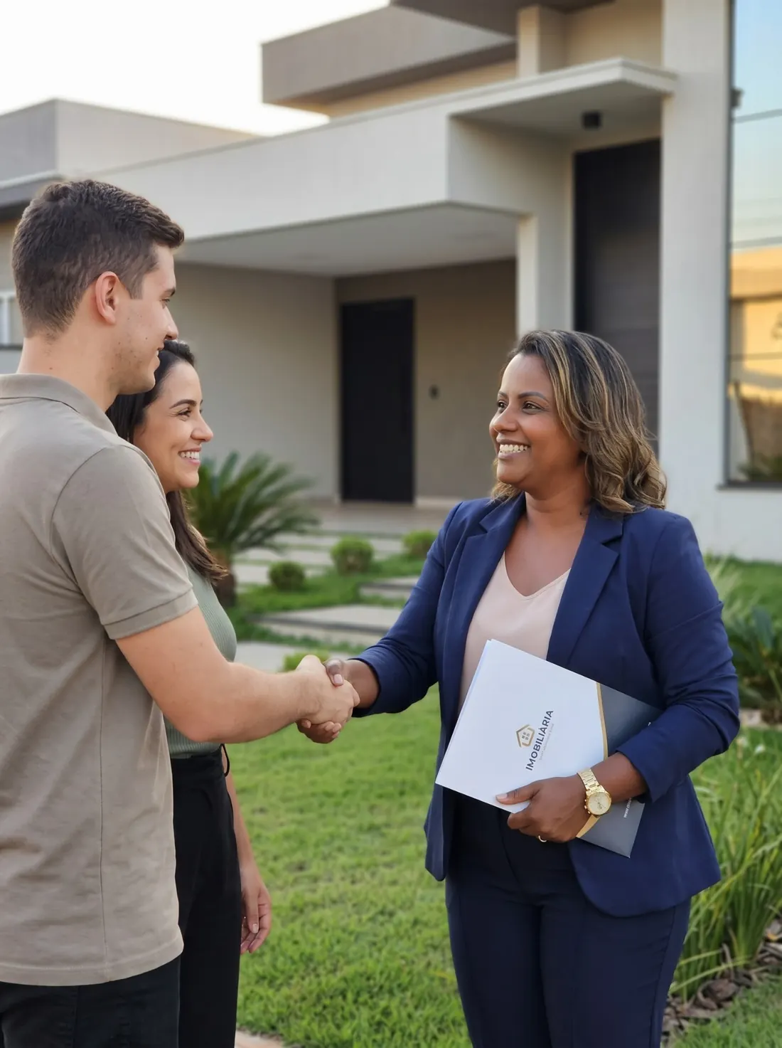 Priscila Felix recebendo clientes em frente a imóvel residencial para atendimento imobiliário