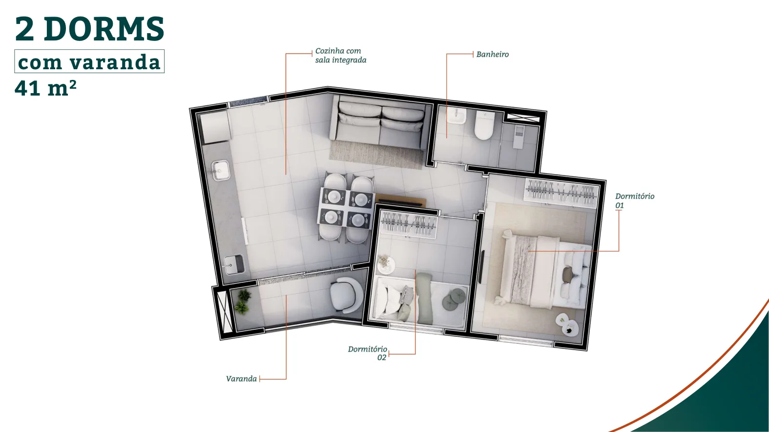 Planta ilustrativa de apartamento do Boulevard Cantareira: 2 dormitórios com varanda, 41 m², Zona Norte de São Paulo