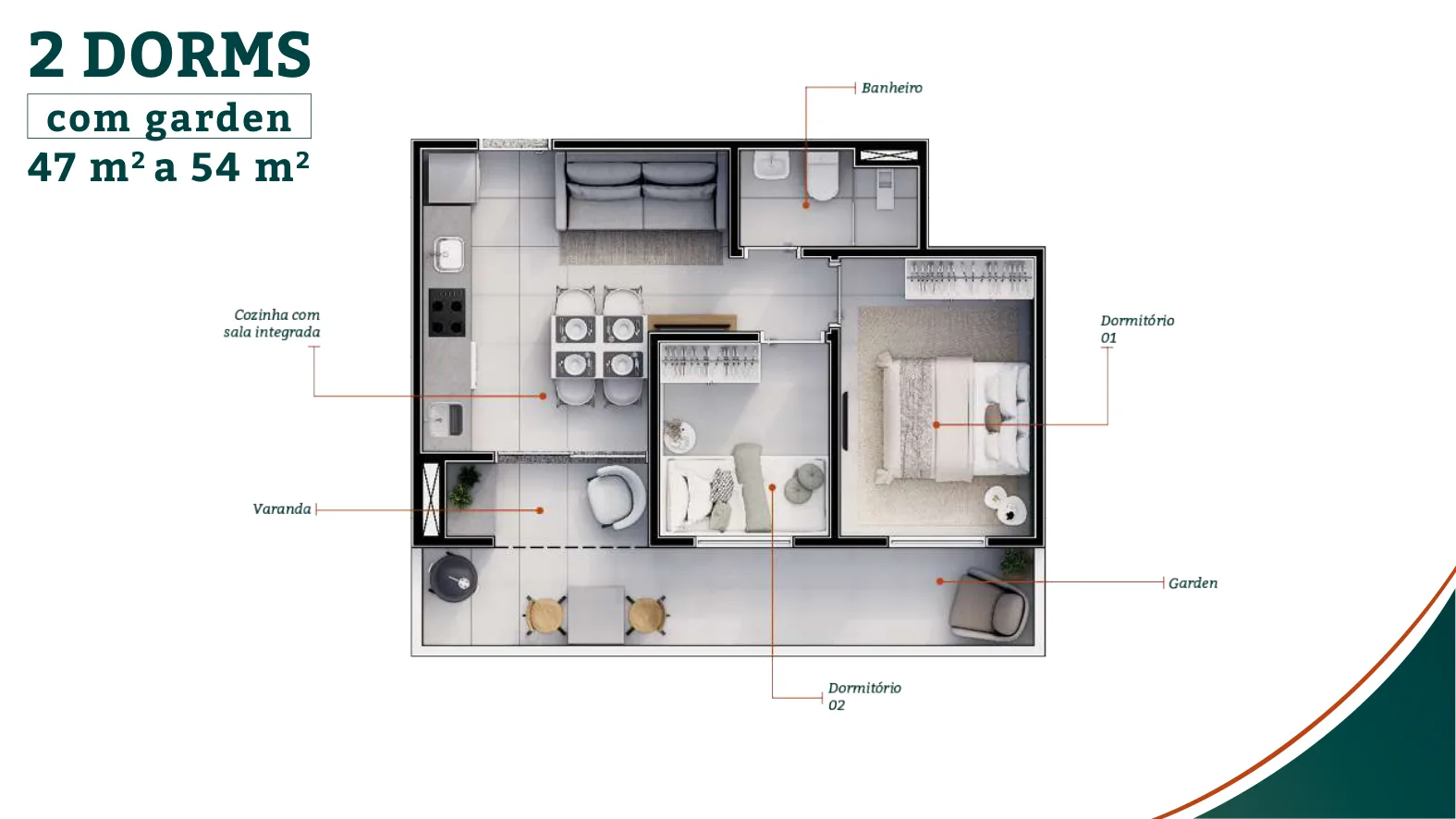 Planta ilustrativa de apartamento do Boulevard Cantareira: 2 dormitórios com garden, 47 a 54 m², Zona Norte de São Paulo
