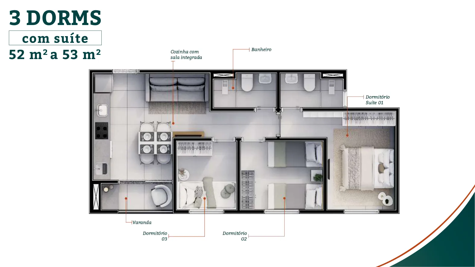 Planta ilustrativa de apartamento do Boulevard Cantareira: 3 dormitórios com suíte, 52 a 53 m², Zona Norte de São Paulo