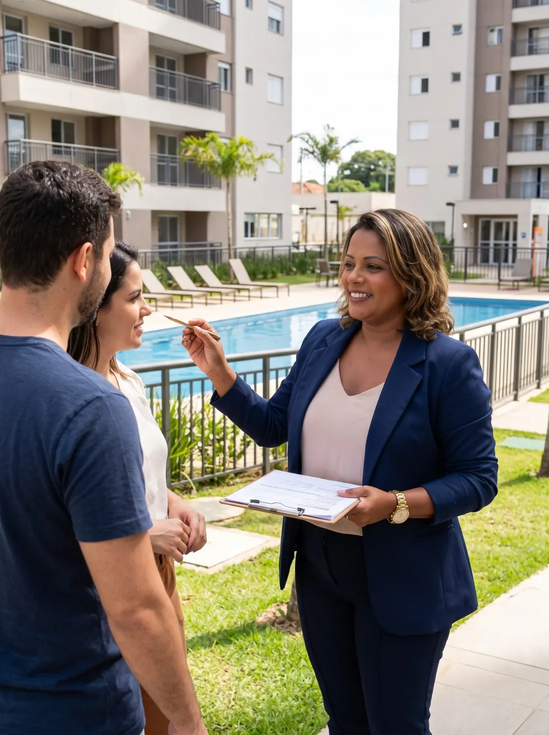 Priscila Felix apresentando condomínio residencial a clientes durante visita ao imóvel
